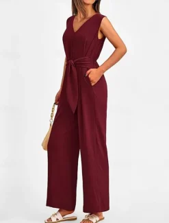 Outlet Women's Jumpsuit Active Solid Color Sleeveless V Neck High Waist Vacation Daily Linen Like Regular Fit Black Wine Army Green Summer Women Jumpsuits|Sets