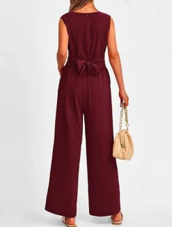 Outlet Women's Jumpsuit Active Solid Color Sleeveless V Neck High Waist Vacation Daily Linen Like Regular Fit Black Wine Army Green Summer Women Jumpsuits|Sets