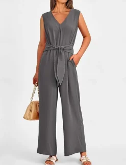 Outlet Women's Jumpsuit Active Solid Color Sleeveless V Neck High Waist Vacation Daily Linen Like Regular Fit Black Wine Army Green Summer Women Jumpsuits|Sets