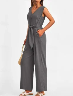 Outlet Women's Jumpsuit Active Solid Color Sleeveless V Neck High Waist Vacation Daily Linen Like Regular Fit Black Wine Army Green Summer Women Jumpsuits|Sets