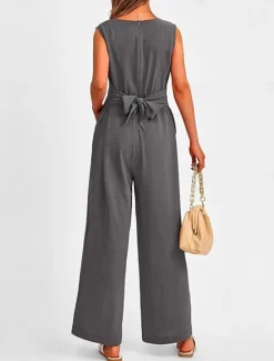 Outlet Women's Jumpsuit Active Solid Color Sleeveless V Neck High Waist Vacation Daily Linen Like Regular Fit Black Wine Army Green Summer Women Jumpsuits|Sets