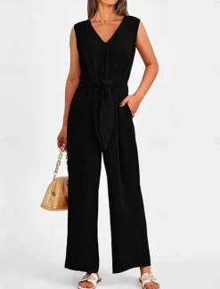 Outlet Women's Jumpsuit Active Solid Color Sleeveless V Neck High Waist Vacation Daily Linen Like Regular Fit Black Wine Army Green Summer Women Jumpsuits|Sets