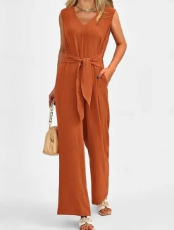 Outlet Women's Jumpsuit Active Solid Color Sleeveless V Neck High Waist Vacation Daily Linen Like Regular Fit Black Wine Army Green Summer Women Jumpsuits|Sets