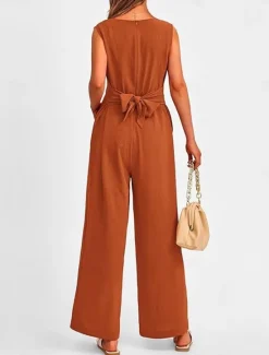 Outlet Women's Jumpsuit Active Solid Color Sleeveless V Neck High Waist Vacation Daily Linen Like Regular Fit Black Wine Army Green Summer Women Jumpsuits|Sets