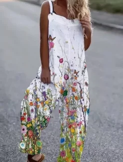 New Women's Jumpsuit Button Print Floral Cold Shoulder Ordinary Street Going out Wide Leg Loose Fit Sleeveless Sleeveless Black White Yellow S M L Summer Women Jumpsuits