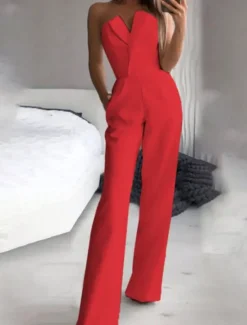 Outlet Women's Jumpsuit Clean Fit Wedding High Waist Solid Color Strapless Streetwear Street Going out Regular Fit Sleeveless Red White Summer Fall Women Jumpsuits