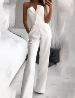 Outlet Women's Jumpsuit Clean Fit Wedding High Waist Solid Color Strapless Streetwear Street Going out Regular Fit Sleeveless Red White Summer Fall Women Jumpsuits