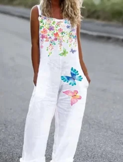 Women's Jumpsuit Dungarees Sleeveless Butterfly Print Top White Pants Casual Comfortable Adjustable Strap Straight-Leg Summer Fashion Clothing Apparel Women Overalls