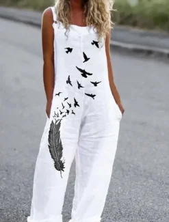 Women's Jumpsuit Dungarees Sleeveless Butterfly Print Top White Pants Casual Comfortable Adjustable Strap Straight-Leg Summer Fashion Clothing Apparel Women Overalls