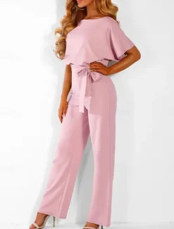 Discount Women's Jumpsuit Elegant Belted Waist Red Wide-Leg Round Neck Short Sleeve Solid Color Party Work Casual Spring Summer Clothing Apparel Women Jumpsuits