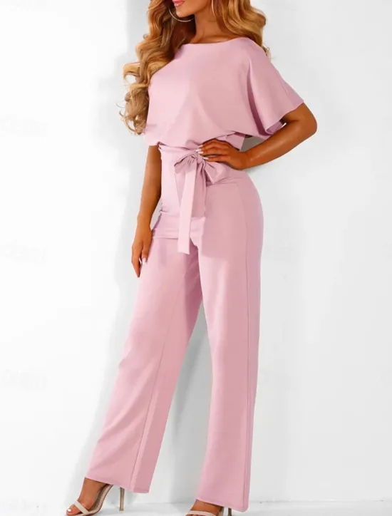 Discount Women's Jumpsuit Elegant Belted Waist Red Wide-Leg Round Neck Short Sleeve Solid Color Party Work Casual Spring Summer Clothing Apparel Women Jumpsuits