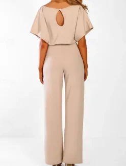 Discount Women's Jumpsuit Elegant Belted Waist Red Wide-Leg Round Neck Short Sleeve Solid Color Party Work Casual Spring Summer Clothing Apparel Women Jumpsuits