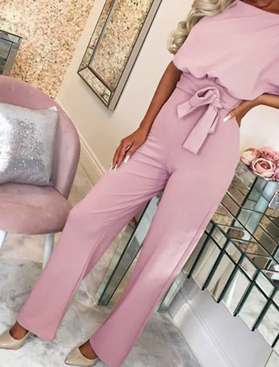 Discount Women's Jumpsuit Elegant Belted Waist Red Wide-Leg Round Neck Short Sleeve Solid Color Party Work Casual Spring Summer Clothing Apparel Women Jumpsuits