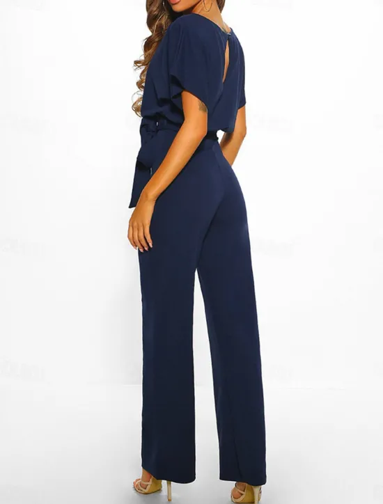 Discount Women's Jumpsuit Elegant Belted Waist Red Wide-Leg Round Neck Short Sleeve Solid Color Party Work Casual Spring Summer Clothing Apparel Women Jumpsuits