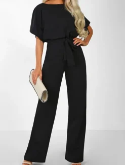 Discount Women's Jumpsuit Elegant Belted Waist Red Wide-Leg Round Neck Short Sleeve Solid Color Party Work Casual Spring Summer Clothing Apparel Women Jumpsuits