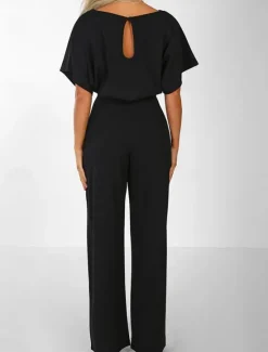 Discount Women's Jumpsuit Elegant Belted Waist Red Wide-Leg Round Neck Short Sleeve Solid Color Party Work Casual Spring Summer Clothing Apparel Women Jumpsuits