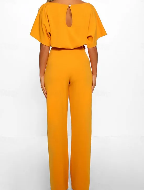 Discount Women's Jumpsuit Elegant Belted Waist Red Wide-Leg Round Neck Short Sleeve Solid Color Party Work Casual Spring Summer Clothing Apparel Women Jumpsuits