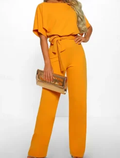 Discount Women's Jumpsuit Elegant Belted Waist Red Wide-Leg Round Neck Short Sleeve Solid Color Party Work Casual Spring Summer Clothing Apparel Women Jumpsuits