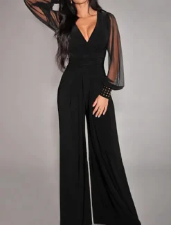Women's Jumpsuit Elegant Solid Color Long Sleeve Lantern Sleeve Wide Leg V Neck Rivet Patchwork School Vacation Regular Fit All Seasons Women Graphic Jumpsuit