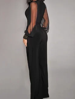 Women's Jumpsuit Elegant Solid Color Long Sleeve Lantern Sleeve Wide Leg V Neck Rivet Patchwork School Vacation Regular Fit All Seasons Women Graphic Jumpsuit