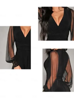 Women's Jumpsuit Elegant Solid Color Long Sleeve Lantern Sleeve Wide Leg V Neck Rivet Patchwork School Vacation Regular Fit All Seasons Women Graphic Jumpsuit
