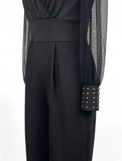 Women's Jumpsuit Elegant Solid Color Long Sleeve Lantern Sleeve Wide Leg V Neck Rivet Patchwork School Vacation Regular Fit All Seasons Women Graphic Jumpsuit