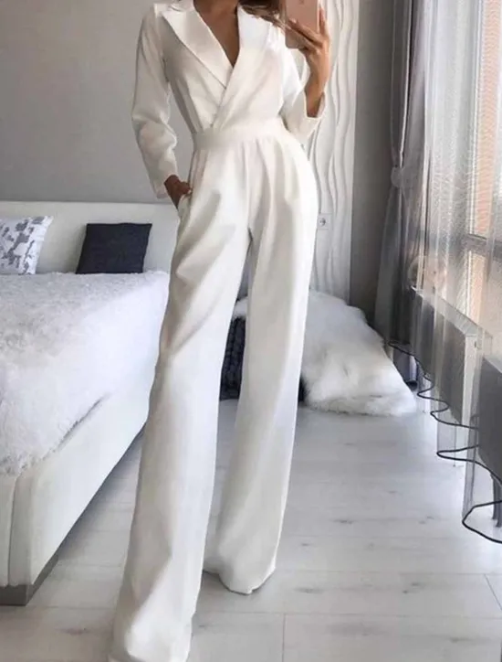 Discount Women's Jumpsuit for Special Occasions Pocket High Waist Solid Color V Neck Streetwear Office Work Regular Fit Long Sleeve Black White Wine S M L Summer Women Jumpsuits