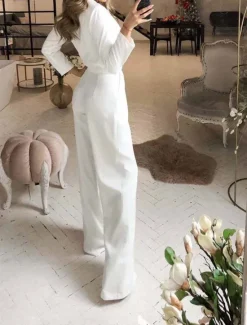 Discount Women's Jumpsuit for Special Occasions Pocket High Waist Solid Color V Neck Streetwear Office Work Regular Fit Long Sleeve Black White Wine S M L Summer Women Jumpsuits