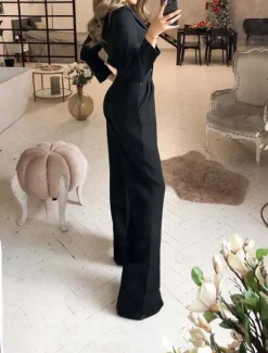 Discount Women's Jumpsuit for Special Occasions Pocket High Waist Solid Color V Neck Streetwear Office Work Regular Fit Long Sleeve Black White Wine S M L Summer Women Jumpsuits