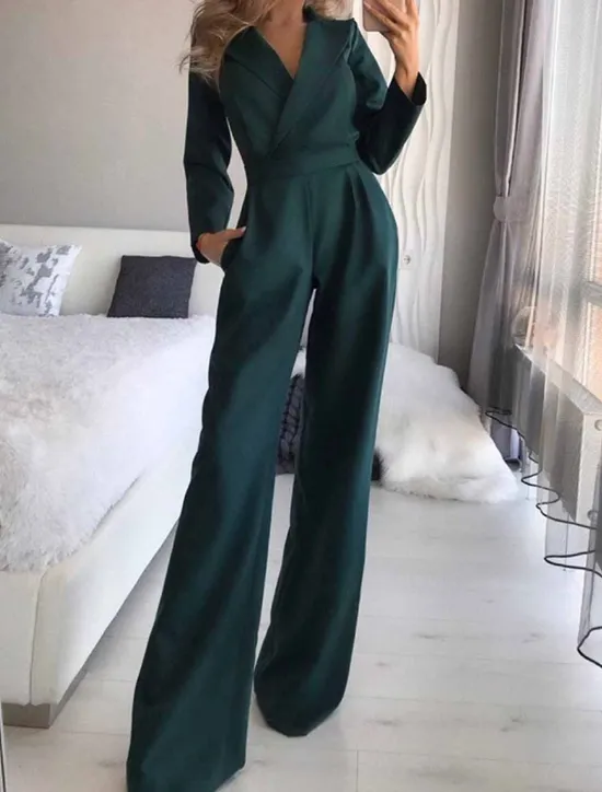 Discount Women's Jumpsuit for Special Occasions Pocket High Waist Solid Color V Neck Streetwear Office Work Regular Fit Long Sleeve Black White Wine S M L Summer Women Jumpsuits