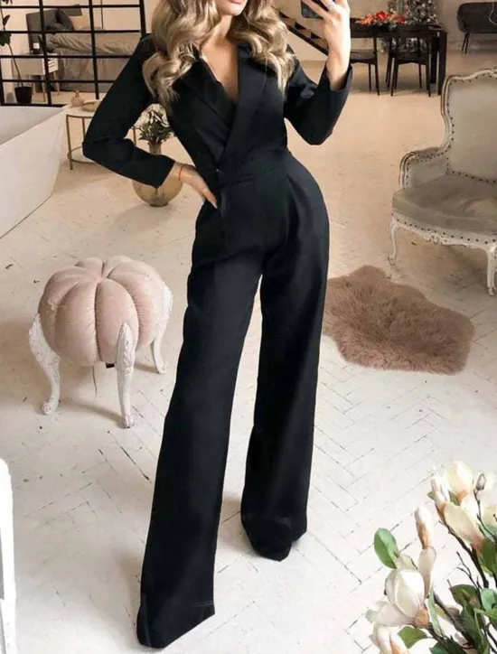 Discount Women's Jumpsuit for Special Occasions Pocket High Waist Solid Color V Neck Streetwear Office Work Regular Fit Long Sleeve Black White Wine S M L Summer Women Jumpsuits