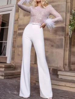 Online Women's Jumpsuit High Waist Feather Sparkly Solid Color Crew Neck Streetwear Wedding Party Regular Fit Long Sleeve White Pink Blue S M L Summer Women Jumpsuits