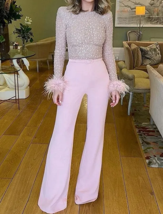 Online Women's Jumpsuit High Waist Feather Sparkly Solid Color Crew Neck Streetwear Wedding Party Regular Fit Long Sleeve White Pink Blue S M L Summer Women Jumpsuits