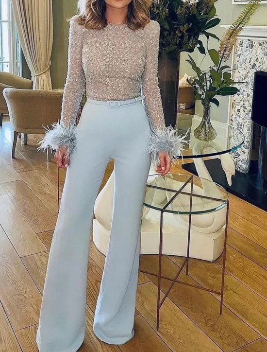 Online Women's Jumpsuit High Waist Feather Sparkly Solid Color Crew Neck Streetwear Wedding Party Regular Fit Long Sleeve White Pink Blue S M L Summer Women Jumpsuits