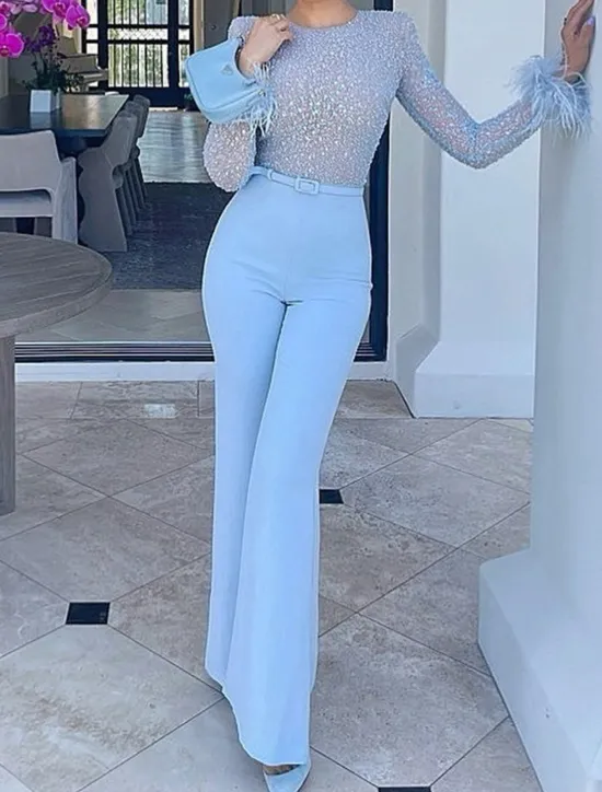 Online Women's Jumpsuit High Waist Feather Sparkly Solid Color Crew Neck Streetwear Wedding Party Regular Fit Long Sleeve White Pink Blue S M L Summer Women Jumpsuits