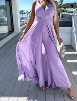Discount Women's Jumpsuit High Waist With Train Solid Color V Neck Elegant Party Office Regular Fit Sleeveless Black Pink Blue S M L Summer Women Jumpsuits
