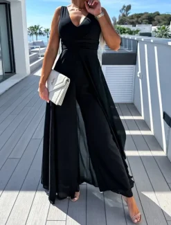 Discount Women's Jumpsuit High Waist With Train Solid Color V Neck Elegant Party Office Regular Fit Sleeveless Black Pink Blue S M L Summer Women Jumpsuits