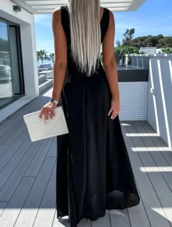 Discount Women's Jumpsuit High Waist With Train Solid Color V Neck Elegant Party Office Regular Fit Sleeveless Black Pink Blue S M L Summer Women Jumpsuits