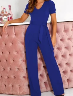 Online Women's Jumpsuit Lace up Beaded Solid Color V Neck Elegant Office Regular Fit Short Sleeve Black Army Green Red S M L Fall Women Jumpsuits