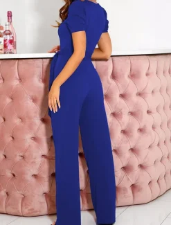 Online Women's Jumpsuit Lace up Beaded Solid Color V Neck Elegant Office Regular Fit Short Sleeve Black Army Green Red S M L Fall Women Jumpsuits