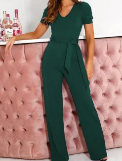Online Women's Jumpsuit Lace up Beaded Solid Color V Neck Elegant Office Regular Fit Short Sleeve Black Army Green Red S M L Fall Women Jumpsuits
