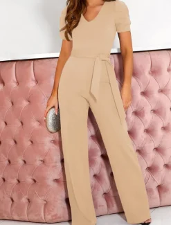 Online Women's Jumpsuit Lace up Beaded Solid Color V Neck Elegant Office Regular Fit Short Sleeve Black Army Green Red S M L Fall Women Jumpsuits
