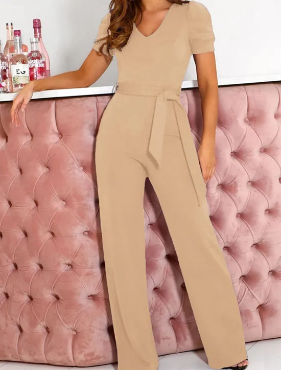 Online Women's Jumpsuit Lace up Beaded Solid Color V Neck Elegant Office Regular Fit Short Sleeve Black Army Green Red S M L Fall Women Jumpsuits