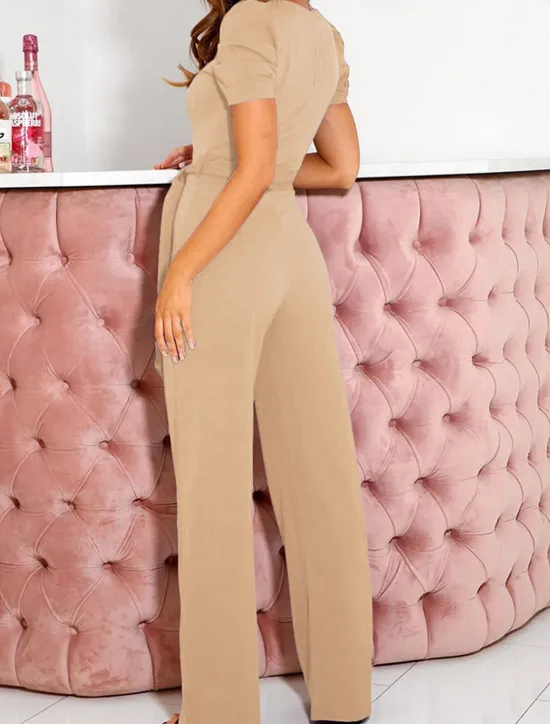 Online Women's Jumpsuit Lace up Beaded Solid Color V Neck Elegant Office Regular Fit Short Sleeve Black Army Green Red S M L Fall Women Jumpsuits