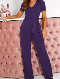 Online Women's Jumpsuit Lace up Beaded Solid Color V Neck Elegant Office Regular Fit Short Sleeve Black Army Green Red S M L Fall Women Jumpsuits