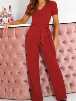 Online Women's Jumpsuit Lace up Beaded Solid Color V Neck Elegant Office Regular Fit Short Sleeve Black Army Green Red S M L Fall Women Jumpsuits