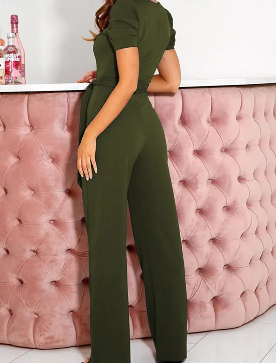 Online Women's Jumpsuit Lace up Beaded Solid Color V Neck Elegant Office Regular Fit Short Sleeve Black Army Green Red S M L Fall Women Jumpsuits