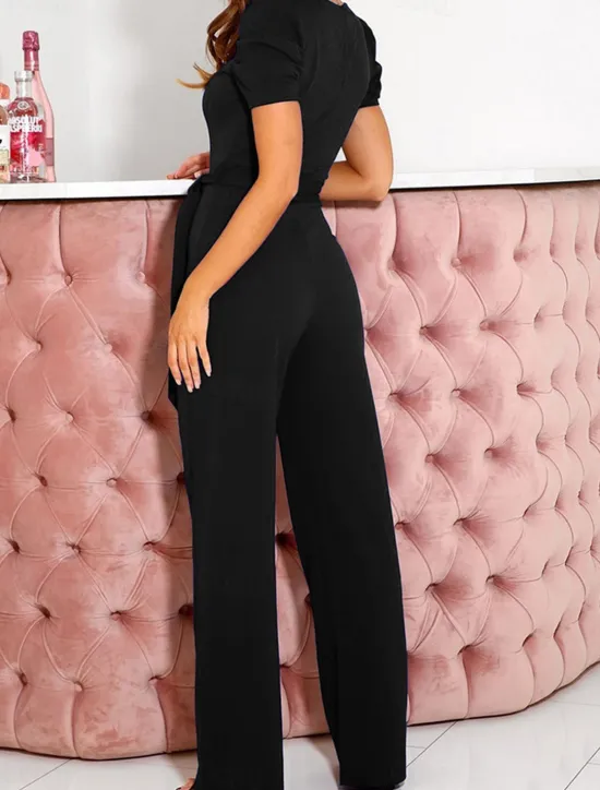 Online Women's Jumpsuit Lace up Beaded Solid Color V Neck Elegant Office Regular Fit Short Sleeve Black Army Green Red S M L Fall Women Jumpsuits