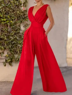 Online Women's Jumpsuit Pocket Solid Color V Neck Stylish Work Wide Leg Slim Sleeveless Summer Women Jumpsuits