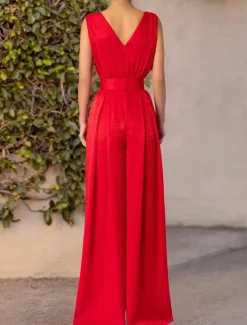 Online Women's Jumpsuit Pocket Solid Color V Neck Stylish Work Wide Leg Slim Sleeveless Summer Women Jumpsuits